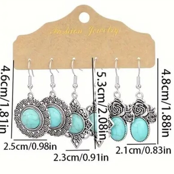 Earrings Turquoise 3pr Dangle Silver Gypsy Boho Hippie Southwest Stylish Trendy - Picture 2 of 2